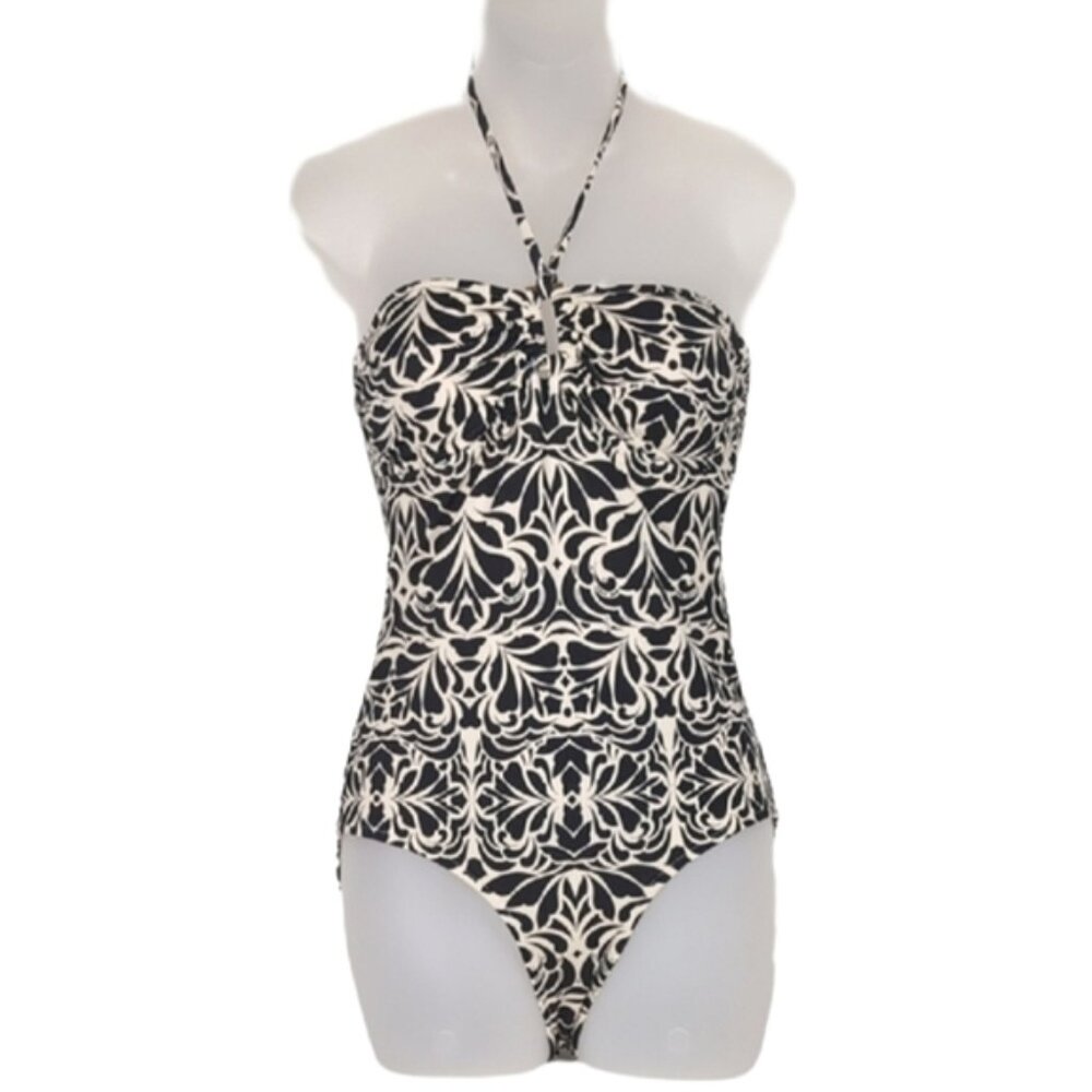 💠Joe Fresh One Piece Swimsuit Halter Damask Womens Small Black Beige Bustier
